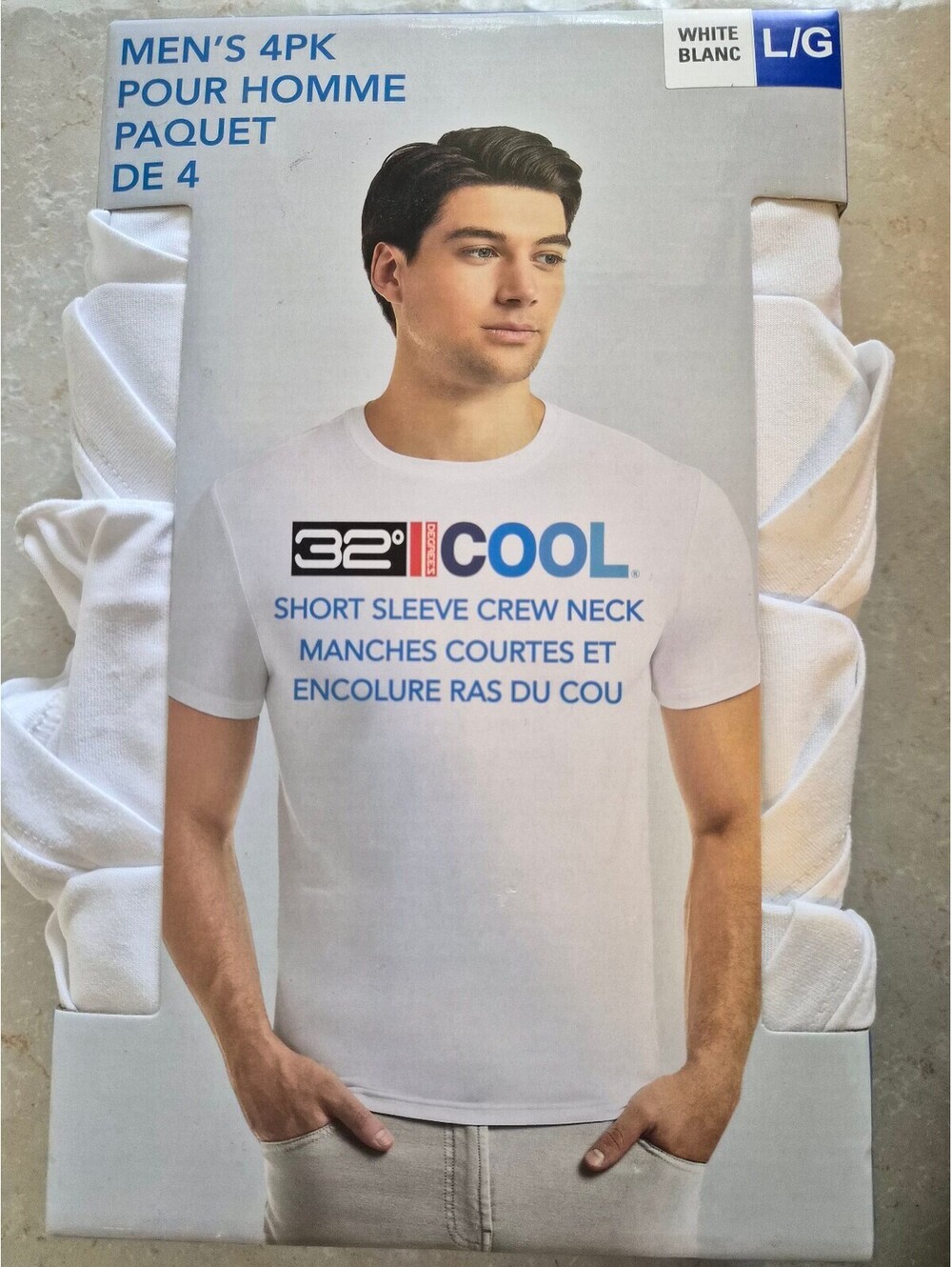 32 Degrees Cool Men's 4-Pack White Short Sleeve Crew Neck T-Shirts Large 0222
